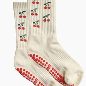 Pilates Grip Socks, White Crew with Red Cherries